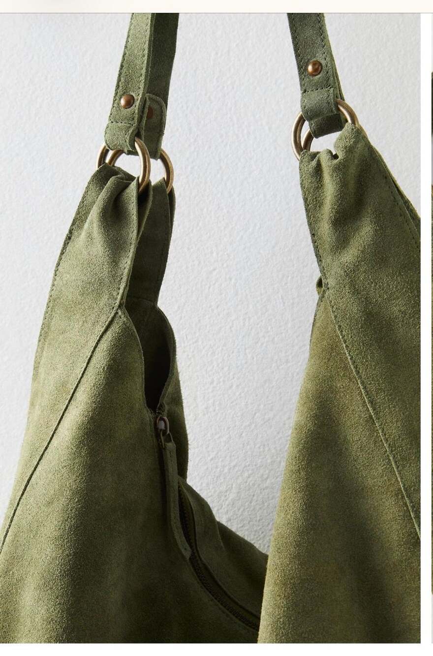 Current $98! Free People Roma Suede Tote Olive Green Hobo Handbag - Picture 4 of 7